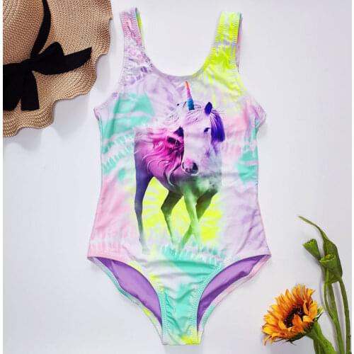 Unicorn Girl Swimsuit Kids One Piece Girl Swimwear Tie Dye Girl Bathing Suit Monokini Teenage Childrens Swimwear Beachwear 2021