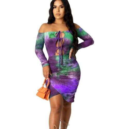 Summer Womens Dress 2021Fall Trendy Women Clothes 3Colors Off Shoulder Rainbow Tie Die Strappy Bodycon One Piece Dress Party