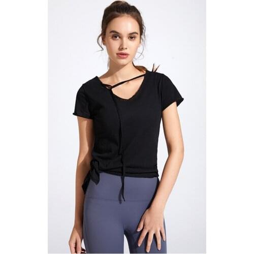 Summer Women Sport T-shirts Breathable Forked Yoga Tops Collar Drawstring Quick Dry Running Shirts Girls Gym Workout Tees Blouse