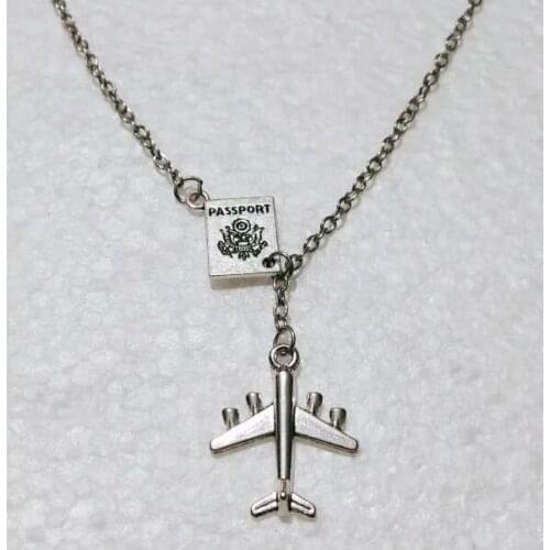 Fashion Unique Vintage Travel Necklace Passport Book Airplane Pendant Adjustable Cross Lariat Necklace Gifts