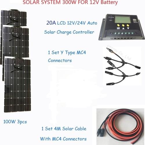 New 300W Solar system for home; semi flexible solar panel 100w 3pcs; 1*20A solar controller; 1 set solar cable 4M