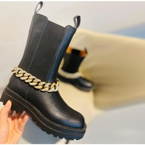 New Womens Short Boots Winter Black Removable Metal Chain Fashion Woman Ankle Boot Shoes Leather Platform Luxury Chelsea Boot