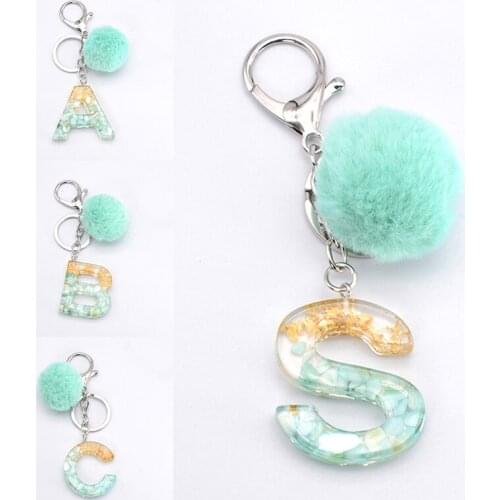 Fluffy Green Pompom Faux Rabbit Fur Ball Keychains Glitter Letters Key Rings Key Holder Trendy Jewelry Bag Accessories Gifts