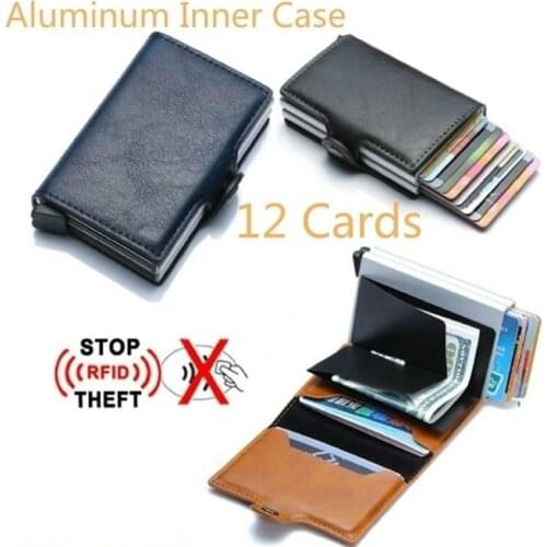 Rfid Blocking Crazy PU Leather Wallet Men Business Metal Aluminum Automatic Credit Card Holder Single Double Box Case Cardholder