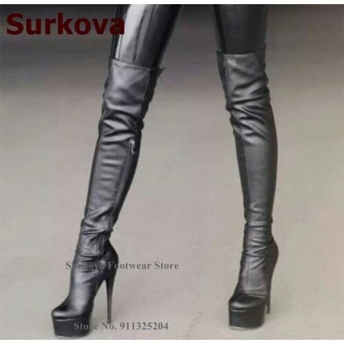 Surkova Designer Black Thin High Heel Over The Knee Boots Platform Zipped Thigh High Boots Slim Fit Fall Winter Dress Shoes