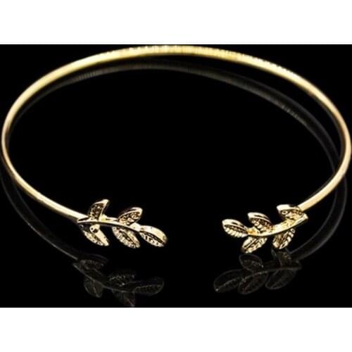 Thin Metallic Band Silver Plated Black Golden Little Leaf Opening Bangles for Women