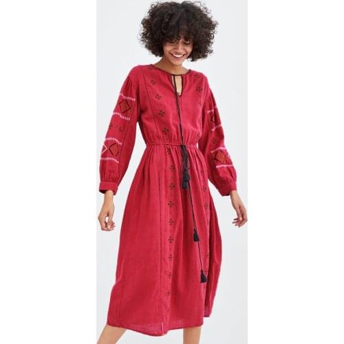 Bohemian Tourist Beach Dress Ethnic Retro Lantern Sleeve Tassel Floral Embroidered Rayon Lace Up Waist Long Dress Casual Holiday