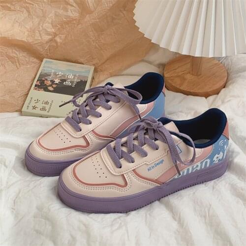 2021 spring Korean color-blocking canvas shoes female flat-heel lace-up student low-cut purple fashion female shoes white shoes