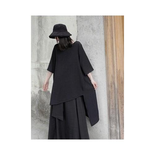 Women Black Back Long Big Size Irregular T-shirt New Round Neck Three-quarter Sleeve Fashion Spring Summer 2020 1W718