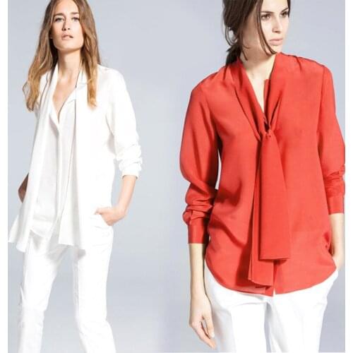 2017 Spring Silk Blouse Women Fashion 100% Mulberry Silk Bow Long-sleeve Top XS S M L XL Free Shipping