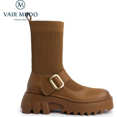 VAIR MUDO 2021 New Trend Boots Shoes Women Elegant Fashion Round Toe Thick Bottom Brown White Concise Weave Boots Shoes DX46L
