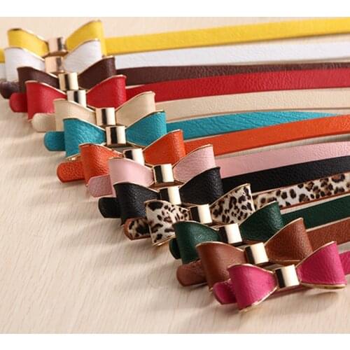Bowknot Women Belts Strap Thin Skinny Ladies Dress Waist Belt Leather Gold Buckle Female Red Belts PU Waistband Adjustable