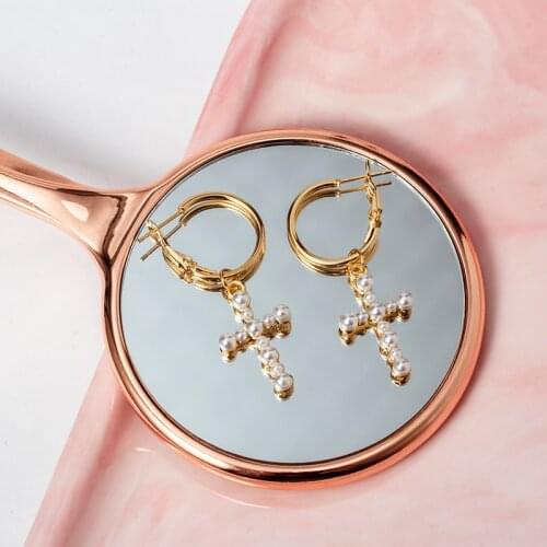 Vintage Gold Cross Pearl Drop Earrings For Women 2020 Statement New Trend Small Long Dangle Earrings Metal Party Earring Jewelry