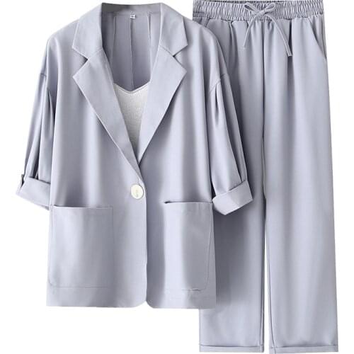 New Office Single Button Suits+pant Female Two Piece Sets Long Sleeve Blazer And High Waist Trousers LAdy Solid Large size Suit