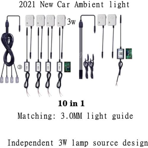 10 in 1 Car Ambient Light + 4 pcs Foot Lamps 9M Optical Fibre 64 Colors Led Wireless No Threading App Control