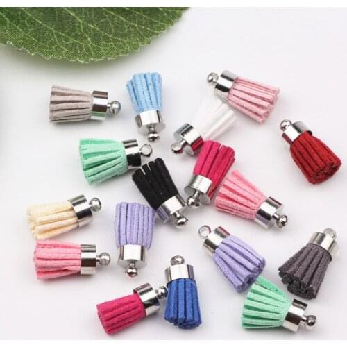100pcs Mix Colors Suede Small Tassel For Keychain Leather Tassels Silver Caps Straps DIY Jewelry Making Charms Pendants