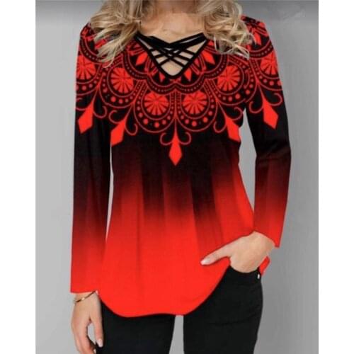 2021 Casual Women T Shirts Long Sleeve Gradient Element Print Shirts Cross V-Neck Ladies Tops 5XL Plus Size