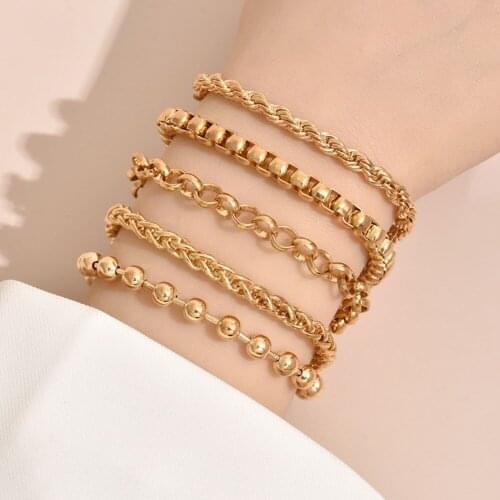 5pcs/sets Punk Chain Bracelets for Women Geometric Charms Hip Pop Metal Bangles Female Fashion Jewelry AM3123