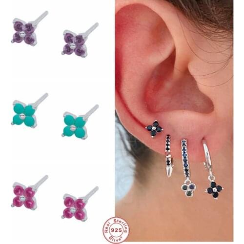 GS 925 Sterling Silver Colorful Flower Shape Stud Earrings For Women Turquoise Rose Red Purple Black Zircon Ear Stud Jewelry
