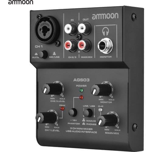 Ammoon AGS03 3Channel Professional Mini Mixing Console USB Interface 18V Phantom Power for Home Recording Live Streaming Karaoke