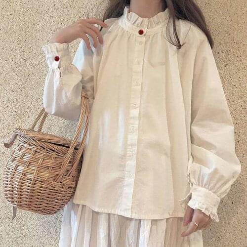 HOUZHOU Japanese White Shirts Kawaii Soft Girl Harajuku Preppy Style Long Sleeve Basic Student Casual Chic Women Blouse Autumn