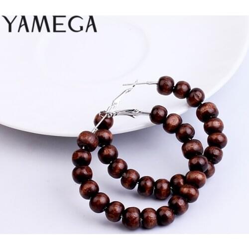 YAMEGA Handmade Wooden Hoop Earrings For Women Vintage Original 2 Color Big Round Circle Alloy Hook Statement Earrings Jewelry