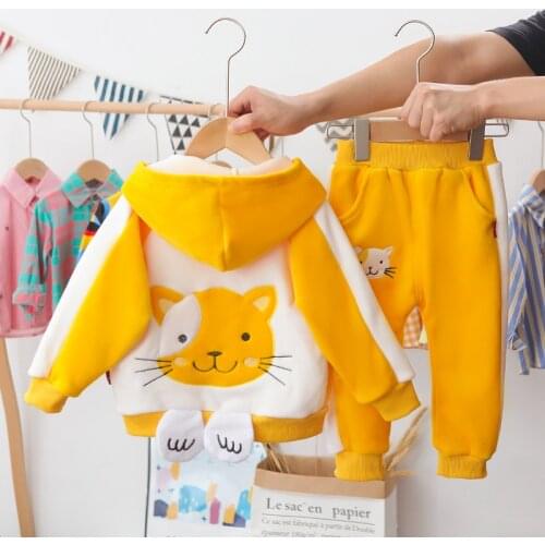 Cartoon Children Clothing Winter Baby Boys Girls Thicken Hooded Jacket Pants 2Pcs/sets Kids Casual Plus Warm Cotton Sportswear