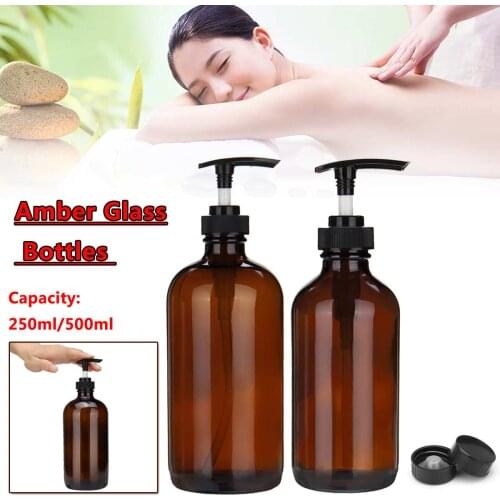 250/500ml Liquid Soap Dispensers with Pump for essential oils homemade lotions round amber glass bottles