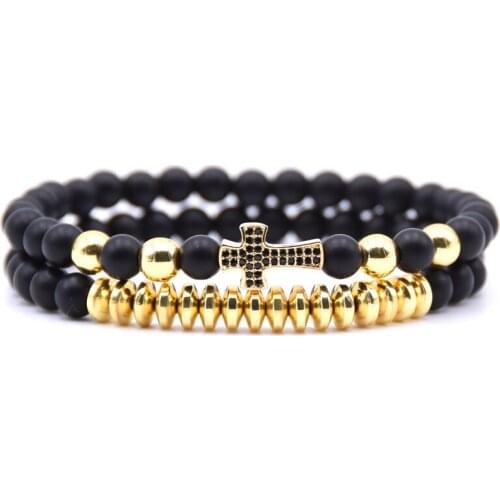 HYHONEY 2pcs/set Cubic Micro Pave CZ Cross Charms Bracelets for women Matte 6mm beads Bracelet men Jewelry pulseras