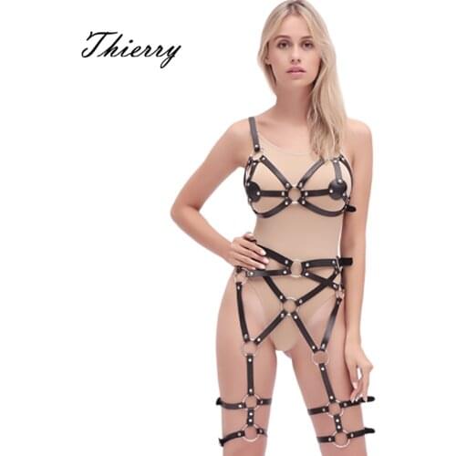 Thierry adult games PU leather Body Harness Underwear Garter Belts Sexy Women Waist To Leg Bondage Cage Straps Garter Body Belts