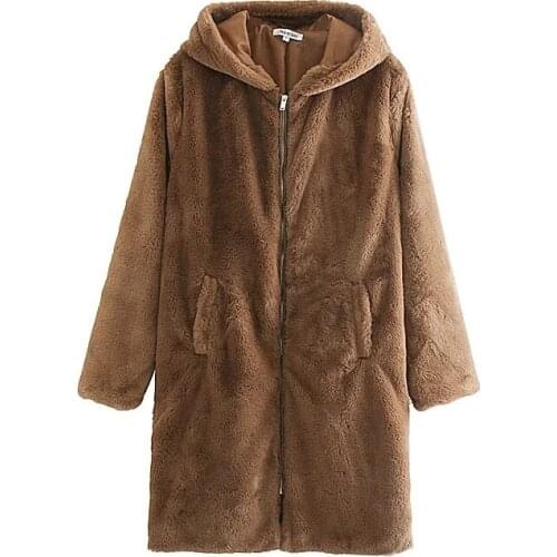 Merodi Autumn Women Fahion Faux Rabbit Fur Brown Long Jackets Female Stylish Hooded Loose Warm Coats Girls Winter Thick Outwear