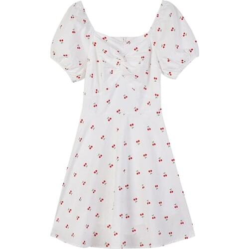 PERHAPS U Women Cherry Print White Slash Neck Short Sleeve A Line Mini Dress Summer Beach Female Puff Sleeve D1906