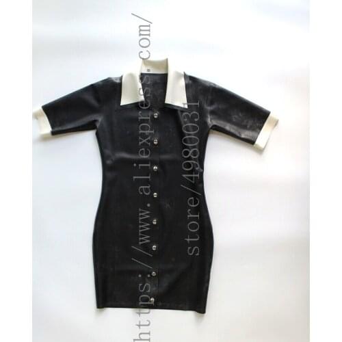 Novelty erotic latex dress plus size womens latex dress Zentai with front buttons decorations in black color