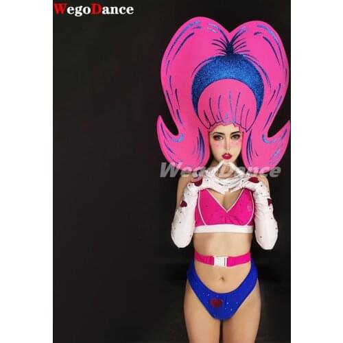New Women Nightclub Bar Pink Girl Gogo Costume Sexy Dance Wig Bikini Suit Singer Dancer Cosplay Clothing
