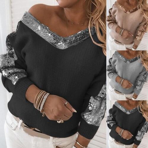 Autumn Winter Women Sexy V Neck Long Sleeve Sweater Sequins One Shoulder Pullovers