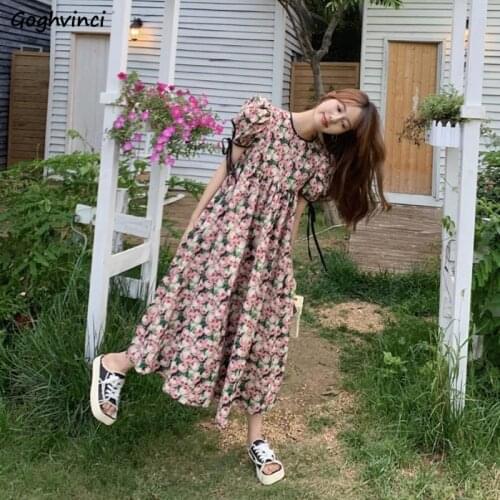 Dresses Women Floral Simple Female Printing Loose Trendy Puff Sleeve All-match Student Summer Leisure Ulzzang Elegant Streetwear
