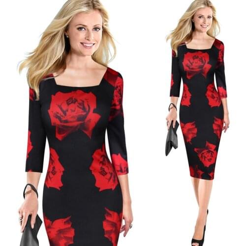 Women Elegant Red Rose flowers Printed One Piece Dress Suit Casual of Bride Pencil Bodycon Party Dress