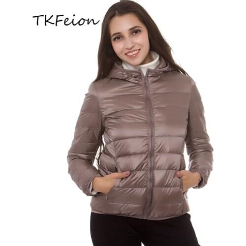 Women Short Hooded Jackets Spring Autumn Light Thin Style 2019 Fashion Female Solid Striped Coats Warm Duck Down Filler with Bag