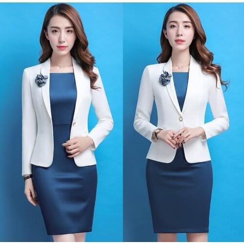 Women white Office Lady Dress Suits 2 Two Piece Sets Elegant Notched Jacket Blazer + Fashion Sheath Dresses Femme