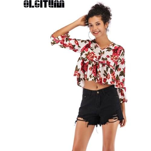 New 2020 Spring Women V-neck Strap Casual Trumpet Sleeve Print Chiffon Shirt Women Navel Short Top Shirt BS331