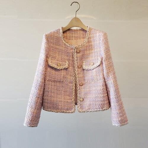 2021 New Autumn Winter Vintage Korean Pink Plaid Tweed Jacket Short Coat Womens Round Neck Single-Breasted Pocket Coat