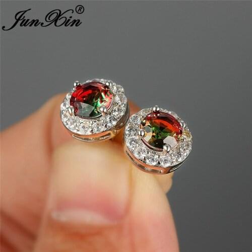 Charm Two Tone Green Red Zircon Round Stud Earrings For Women White Gold Rose Gold Rainbow Fire Crystal Stone Wedding Earrings