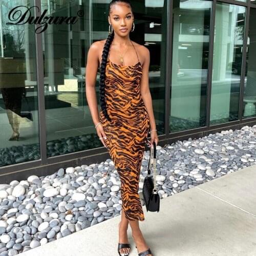 Dulzura Zebra Print Women Strap Midi Dress Lace Up Bandage Bodycon Backless Sexy Streetwear Party Club 2021 Summer Clothes Slim