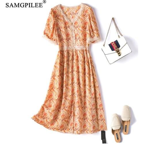 Summer Women Dress Plus Size 2021 New Korean Style Chiffon V-neck High Waist Slim Over The Knee Thin Print Lace Dresses Woman