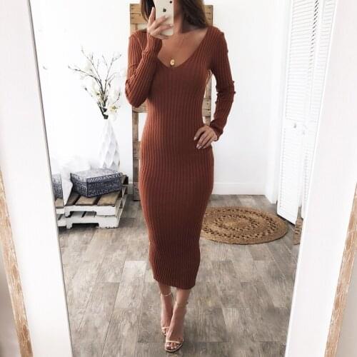 Knitted Sweater Dress Women Long Sleeve Sexy Midi Bodycon Dress Black White Red Long Stretchy Knitted Winter Dress