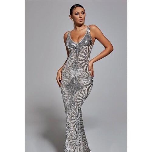Fashion Sexy V Neck Silver Sequined Sleeveless Women Long Party Dress Evening Backless Split Lady Beading Wedding Vestidos LF188