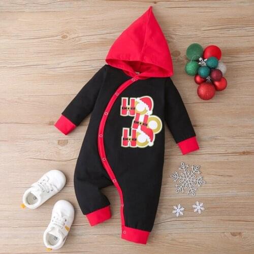 Winter Baby Christmas Clothes Cotton Letter Patchwork Single Breasted Long Sleeve Hooded Baby Romper Warm Baby Jumpsuit 3-18M