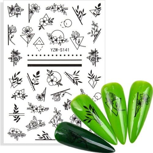 1 Sheet 3D Nail Stickers Black Lines Geometric Leaves Flower Nail Design Adhesive Sliders for Manicure Decoration Art Decals