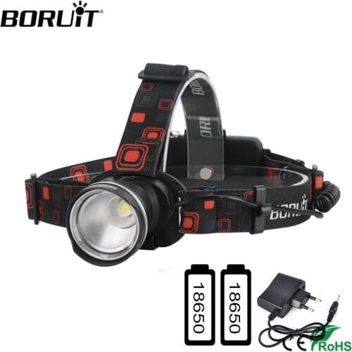 BORUiT T6 LED Headlamp Powerful 1000LM Zoom Headlight 3 Light Mode Camping Fishing Head Flashlight 18650 Battery