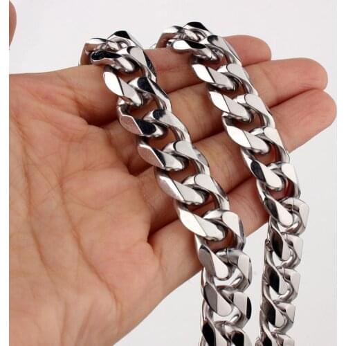 High Polishing 13/15mm Silver Color Cuban Curb Link Chain Stainless Steel Necklace Or Bracelet For Mens Biker Gifts 7-40"